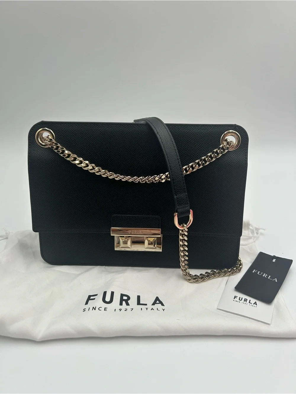 Furla Black Leather Shoulder Bag with Gold Chain Hardware